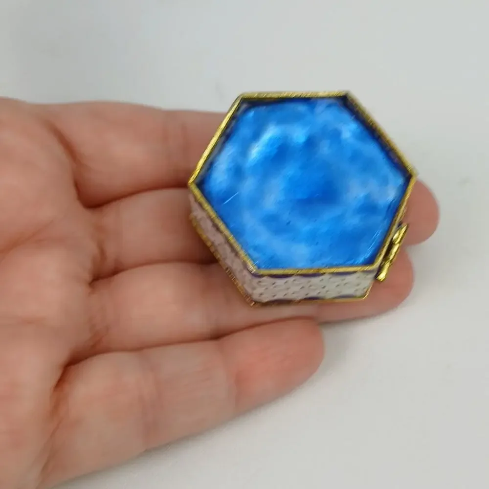 Vintage Cloisonné Hexagonal Pill Box – Floral & Crane Motif Blue Enamel Interior